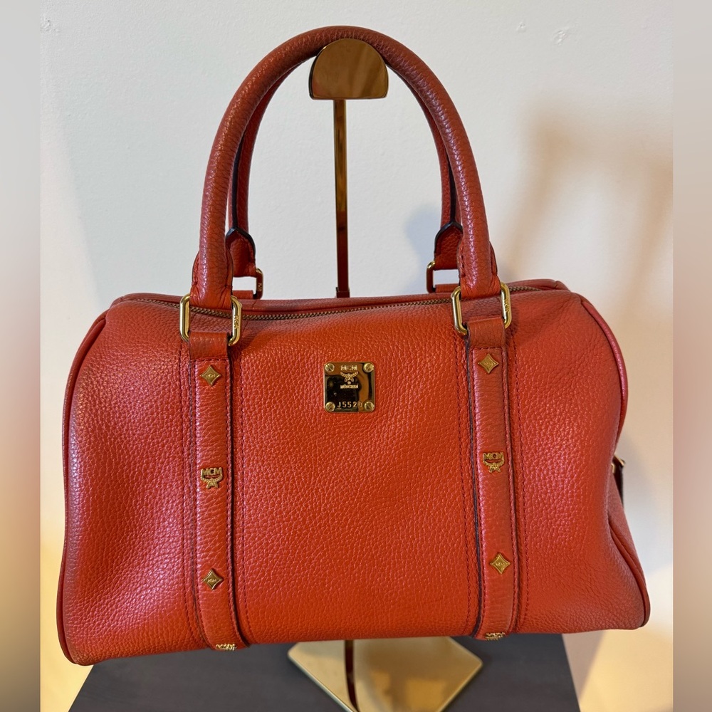 MCM Red Leather Satchel with Gold Hardware